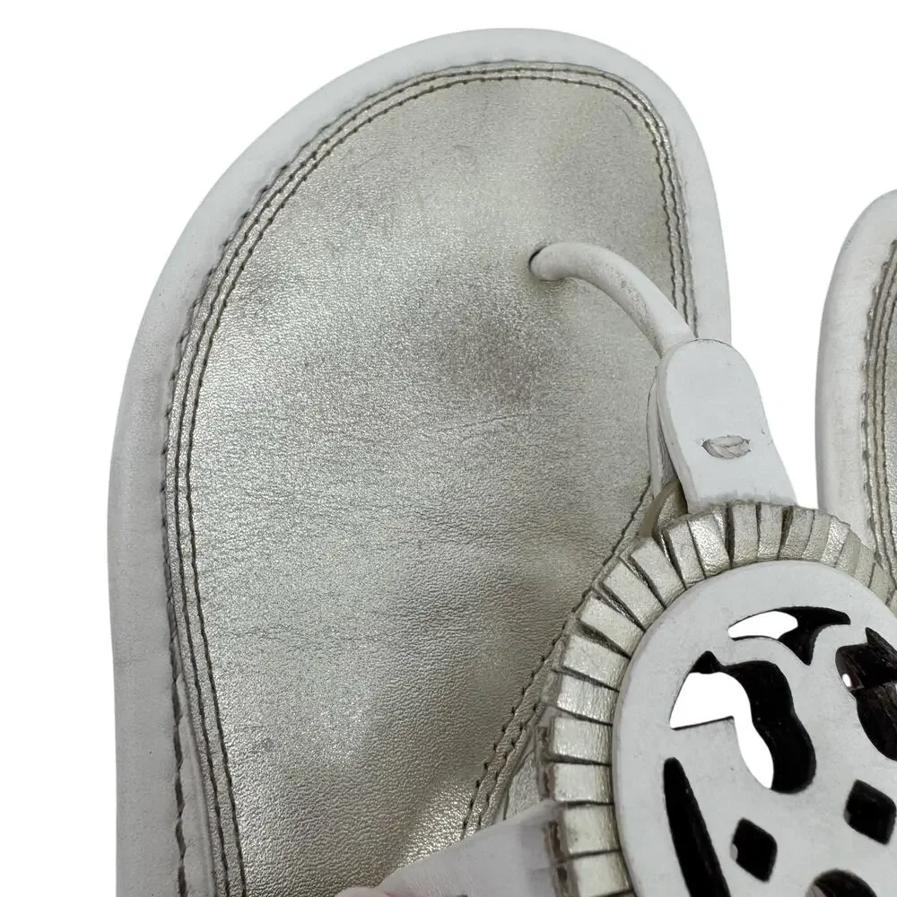 TORY BURCH Metallic Gold Cream Fringe Miller Logo Sandals Flip Flops Size 6.5